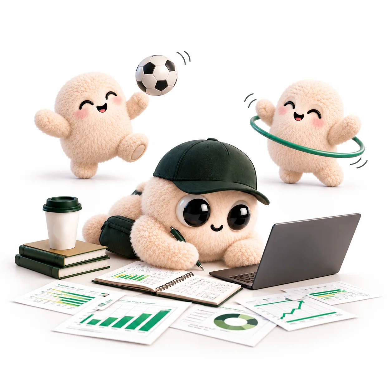 Googly works at his laptop with charts and a coffee while two friends play football and hula-hoop.
