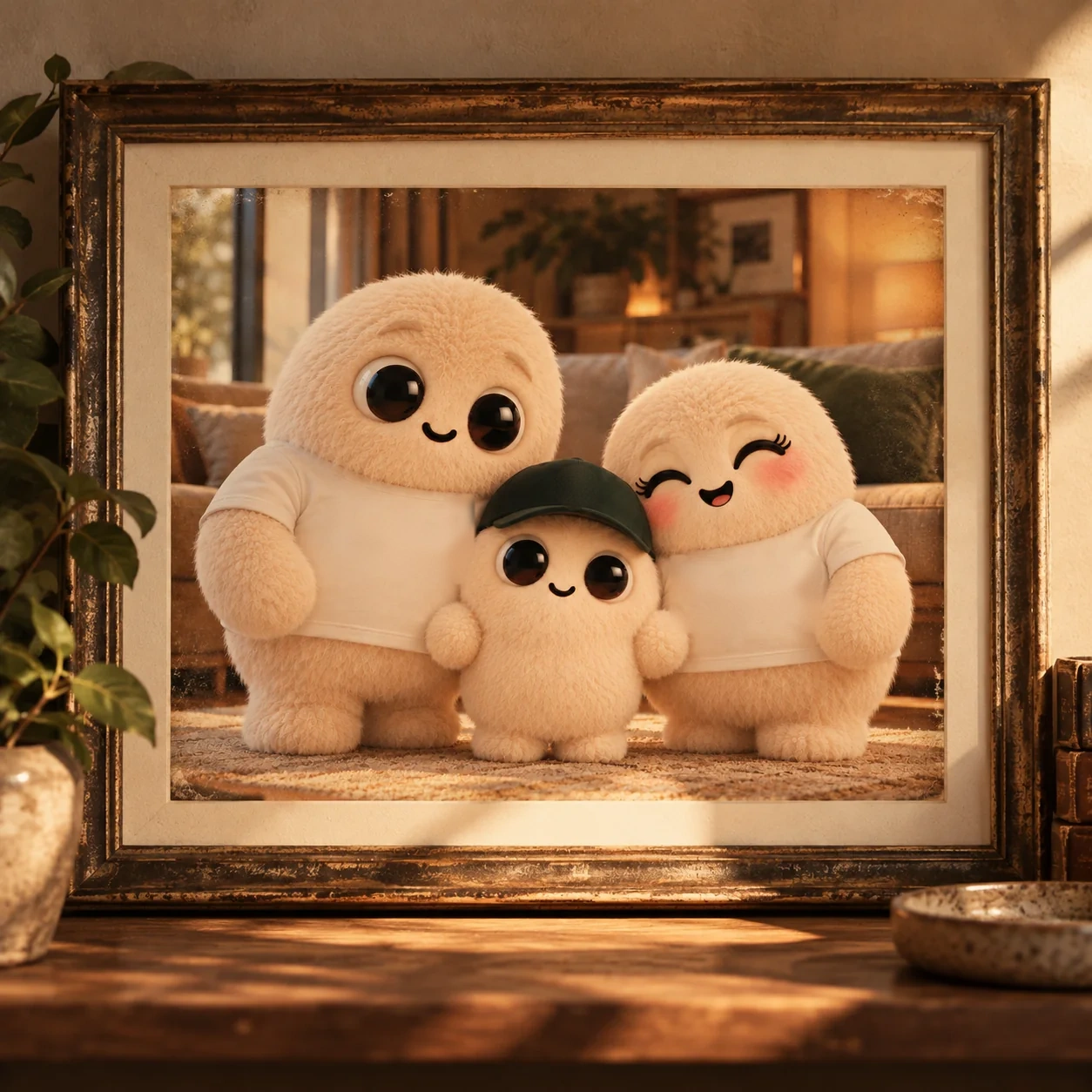 A framed family portrait of Googly with his parents, Mr McSearch and Mrs McSearch, wearing "Backrub" T-shirts.