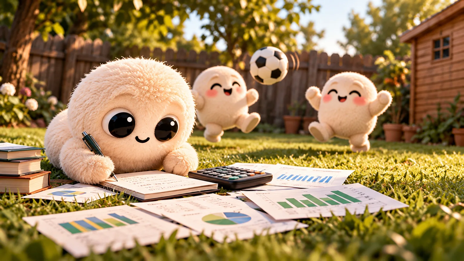 Googly sits on the grass with notebooks, colourful charts and a calculator while two friends play football.